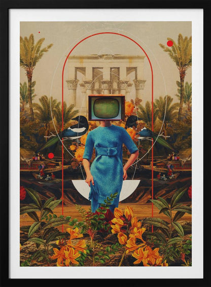 A surreal collage featuring a woman in a vintage blue dress with a retro television for a head. She stands in a lush landscape with palm trees, classical architecture, and magpies, framed by abstract red and white arches. The foreground is filled with vibrant orange and yellow flowers. Artwork