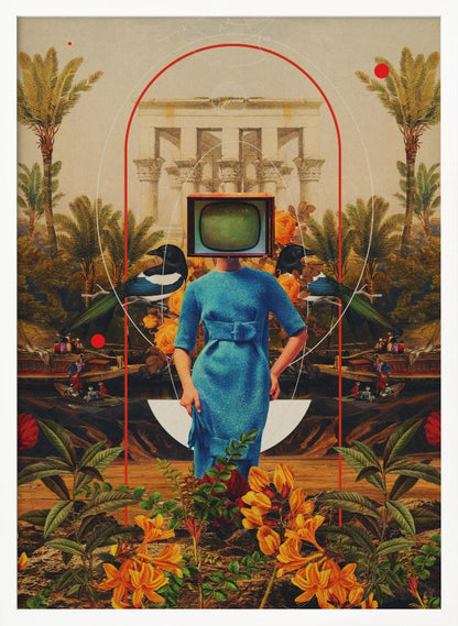 A surreal collage featuring a woman in a vintage blue dress with a retro television for a head. She stands in a lush landscape with palm trees, classical architecture, and magpies, framed by abstract red and white arches. The foreground is filled with vibrant orange and yellow flowers. Artwork