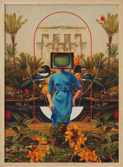 A surreal collage featuring a woman in a vintage blue dress with a retro television for a head. She stands in a lush landscape with palm trees, classical architecture, and magpies, framed by abstract red and white arches. The foreground is filled with vibrant orange and yellow flowers. Artwork