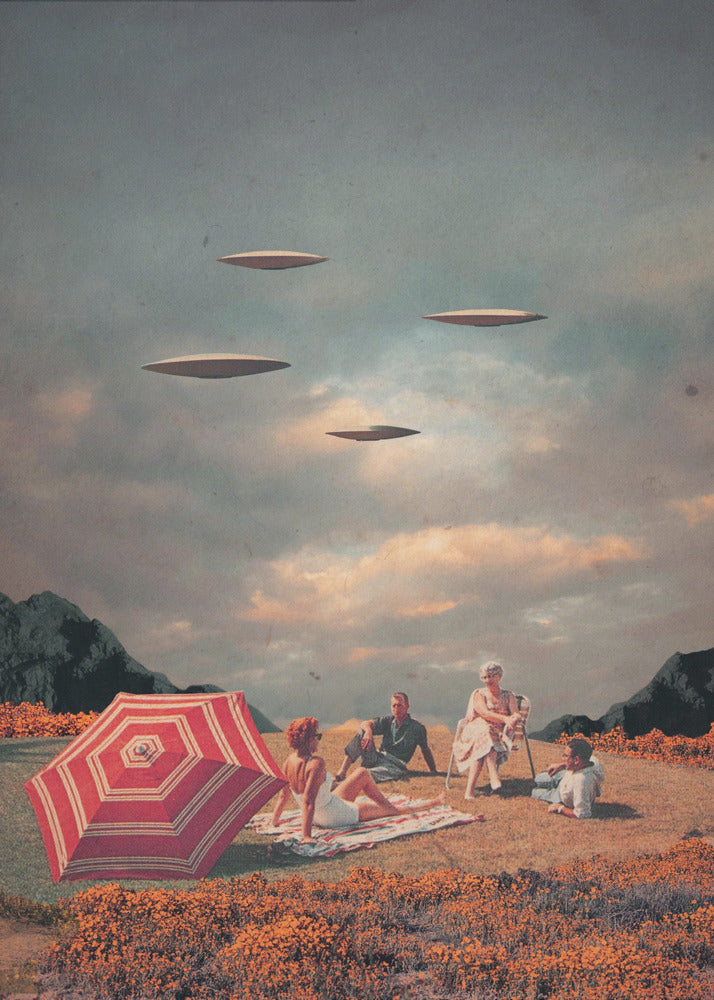 A surreal vintage collage showing a family having a picnic in a field of orange flowers under a cloudy sky, while four flying saucers hover peacefully above them. Print