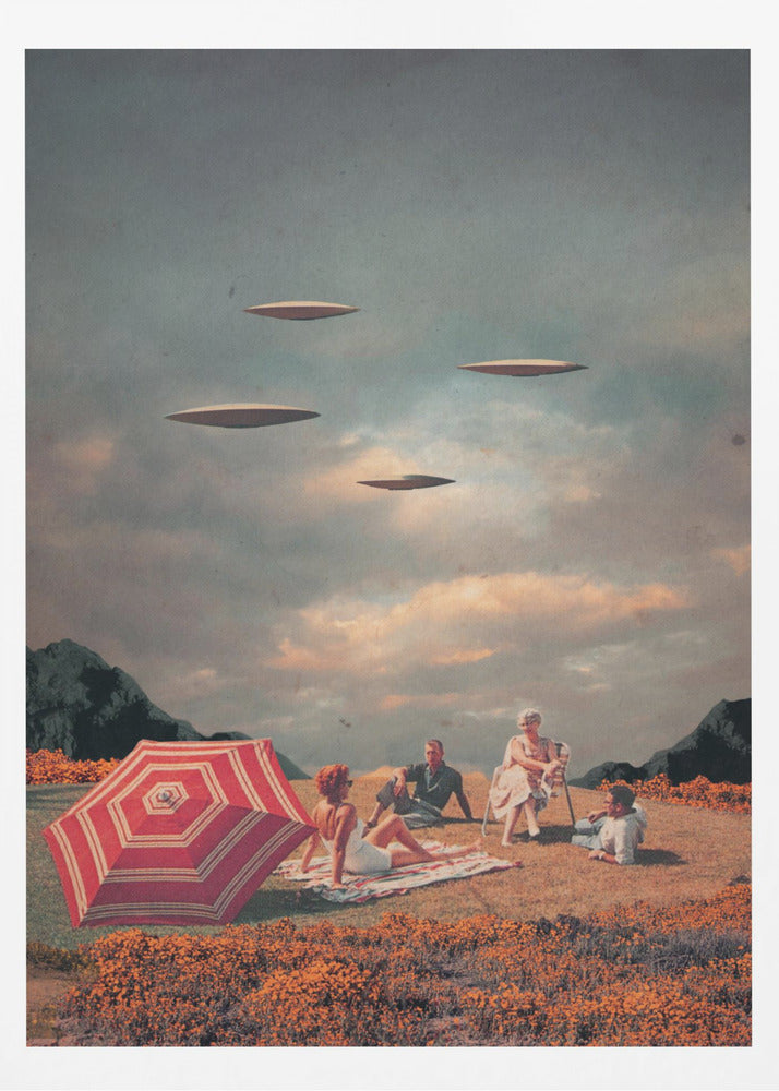 A surreal vintage collage showing a family having a picnic in a field of orange flowers under a cloudy sky, while four flying saucers hover peacefully above them. Print