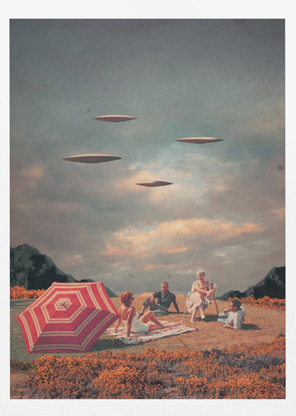 A surreal vintage collage showing a family having a picnic in a field of orange flowers under a cloudy sky, while four flying saucers hover peacefully above them. Print