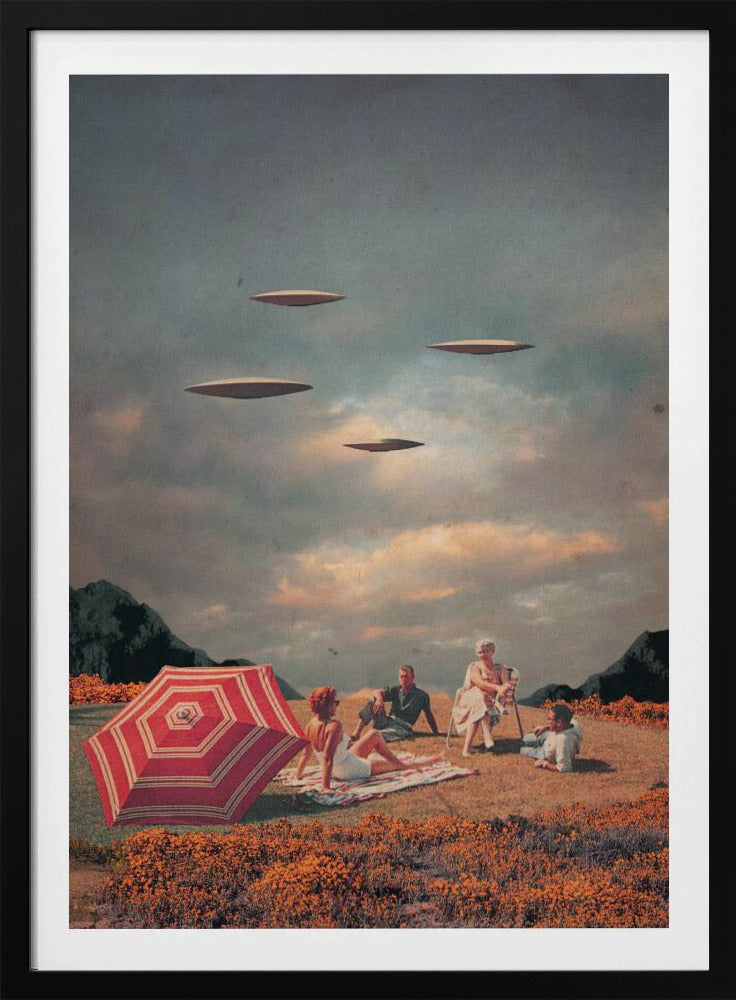 A surreal vintage collage showing a family having a picnic in a field of orange flowers under a cloudy sky, while four flying saucers hover peacefully above them. Print