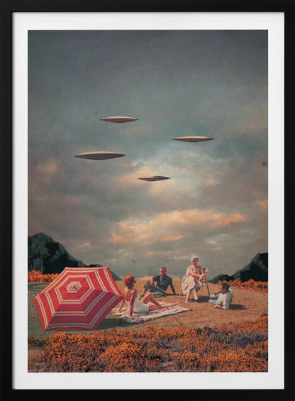 A surreal vintage collage showing a family having a picnic in a field of orange flowers under a cloudy sky, while four flying saucers hover peacefully above them. Print