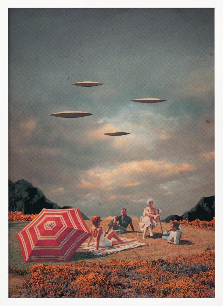 A surreal vintage collage showing a family having a picnic in a field of orange flowers under a cloudy sky, while four flying saucers hover peacefully above them. Print