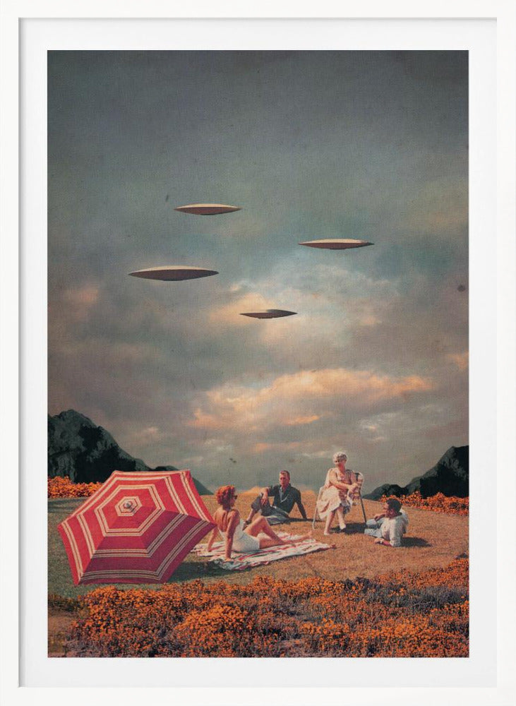A surreal vintage collage showing a family having a picnic in a field of orange flowers under a cloudy sky, while four flying saucers hover peacefully above them. Print