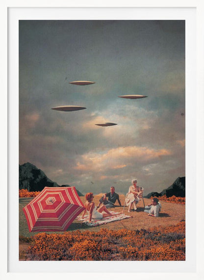 A surreal vintage collage showing a family having a picnic in a field of orange flowers under a cloudy sky, while four flying saucers hover peacefully above them. Print
