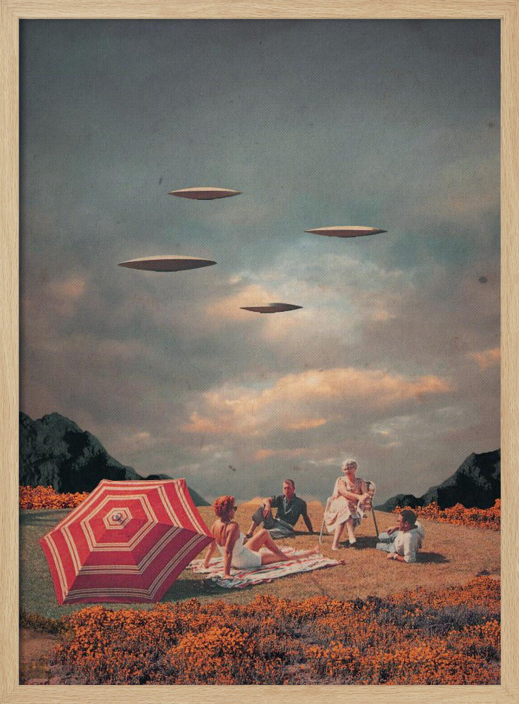 A surreal vintage collage showing a family having a picnic in a field of orange flowers under a cloudy sky, while four flying saucers hover peacefully above them. Print