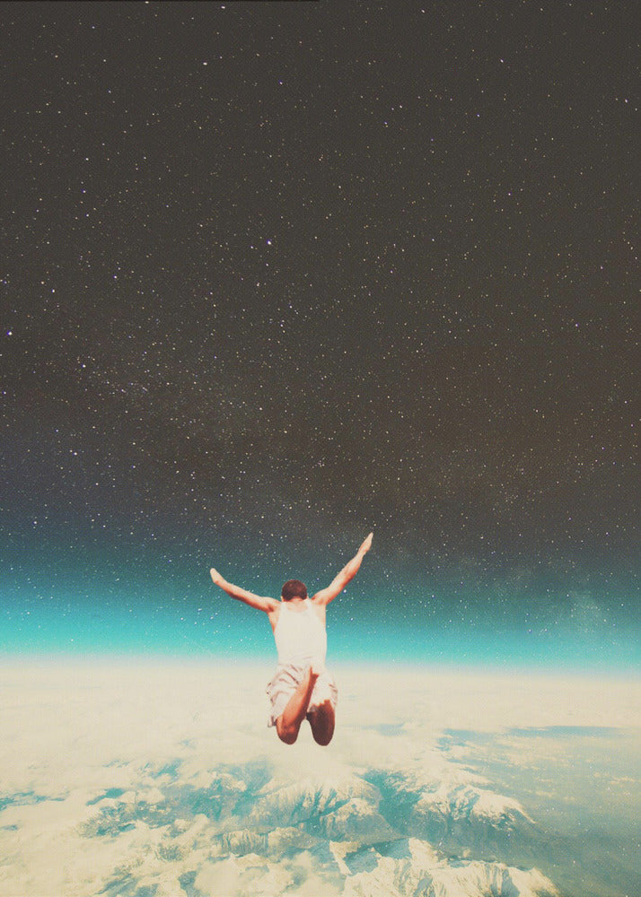 A surreal collage showing a man from behind, jumping with arms outstretched towards a vast, starry night sky, high above a sea of clouds and the blue glow of Earth's atmosphere. Print