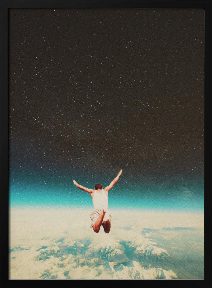 A surreal collage showing a man from behind, jumping with arms outstretched towards a vast, starry night sky, high above a sea of clouds and the blue glow of Earth's atmosphere. Print