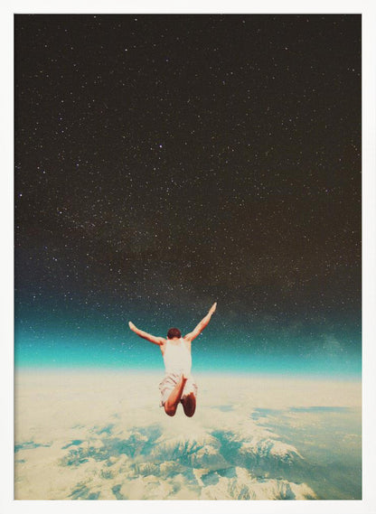 A surreal collage showing a man from behind, jumping with arms outstretched towards a vast, starry night sky, high above a sea of clouds and the blue glow of Earth's atmosphere. Print