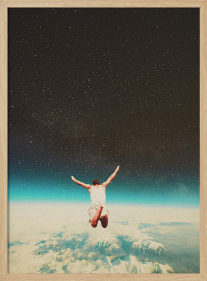 A surreal collage showing a man from behind, jumping with arms outstretched towards a vast, starry night sky, high above a sea of clouds and the blue glow of Earth's atmosphere. Print