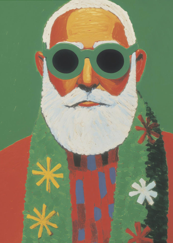 A modern, stylized portrait painting of Santa Claus against a solid green background. He has a white beard and hair, and is wearing oversized round green sunglasses, a red sweater, and a green scarf decorated with colorful snowflakes. Print