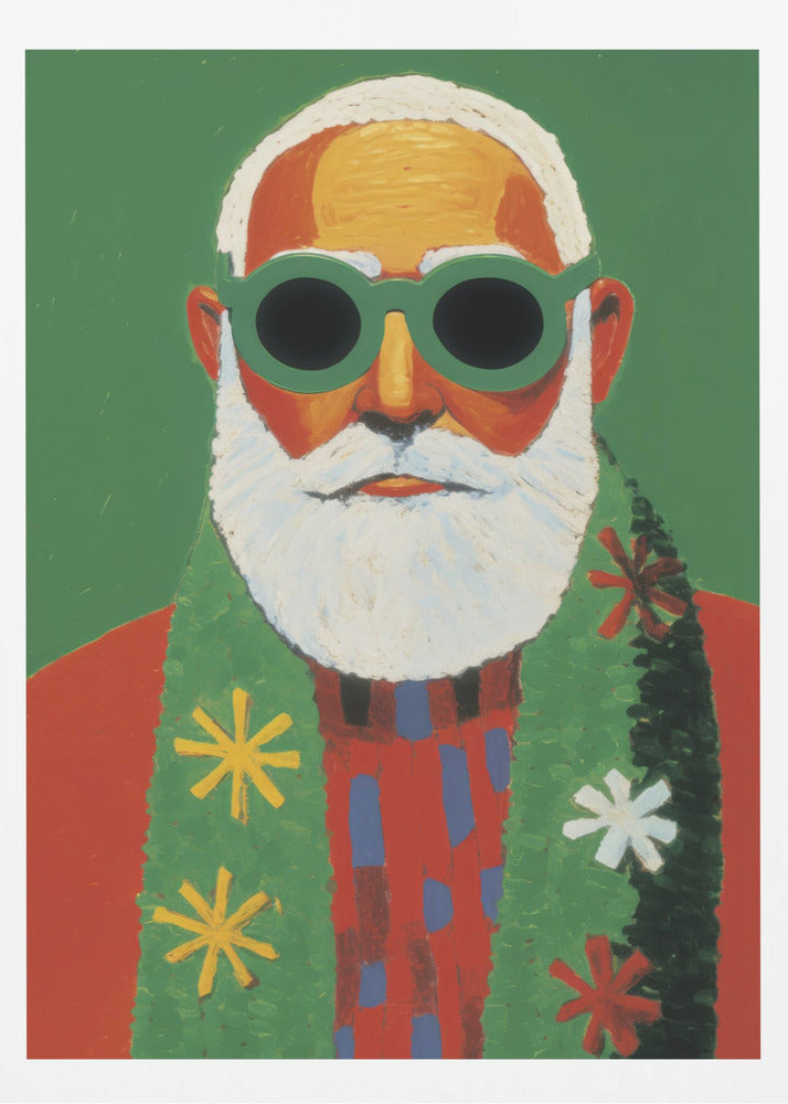 A modern, stylized portrait painting of Santa Claus against a solid green background. He has a white beard and hair, and is wearing oversized round green sunglasses, a red sweater, and a green scarf decorated with colorful snowflakes. Print