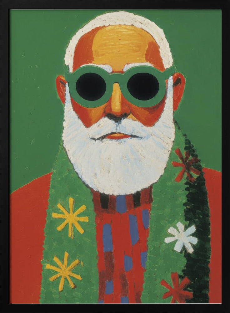 A modern, stylized portrait painting of Santa Claus against a solid green background. He has a white beard and hair, and is wearing oversized round green sunglasses, a red sweater, and a green scarf decorated with colorful snowflakes. Print
