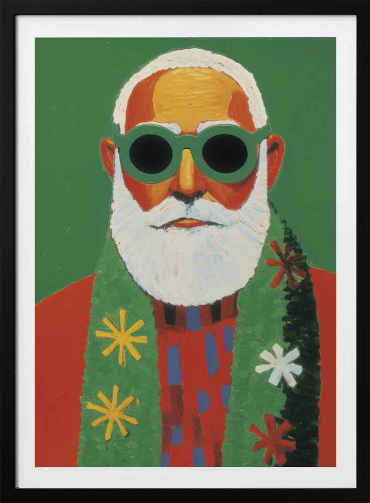 A modern, stylized portrait painting of Santa Claus against a solid green background. He has a white beard and hair, and is wearing oversized round green sunglasses, a red sweater, and a green scarf decorated with colorful snowflakes. Print