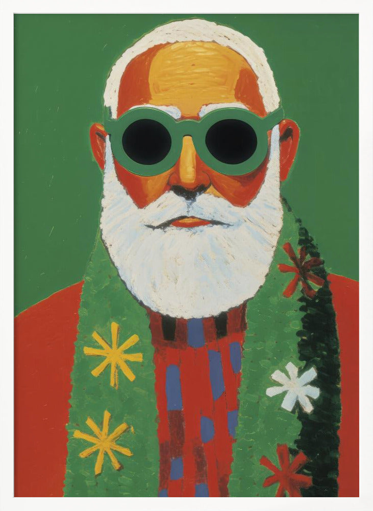 A modern, stylized portrait painting of Santa Claus against a solid green background. He has a white beard and hair, and is wearing oversized round green sunglasses, a red sweater, and a green scarf decorated with colorful snowflakes. Print