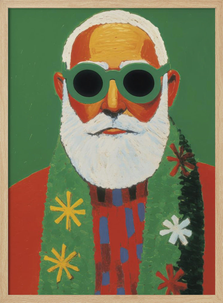 A modern, stylized portrait painting of Santa Claus against a solid green background. He has a white beard and hair, and is wearing oversized round green sunglasses, a red sweater, and a green scarf decorated with colorful snowflakes. Print