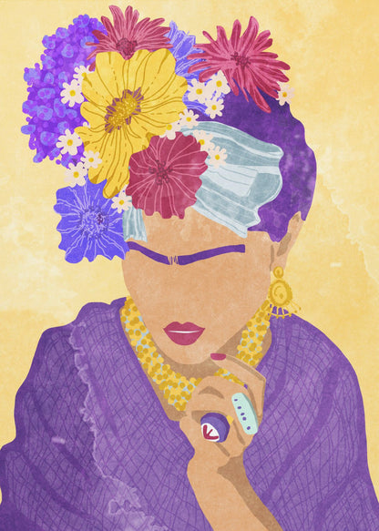 A stylized portrait illustration of a woman resembling Frida Kahlo against a yellow background. She wears a crown of vibrant purple, yellow, and magenta flowers, a purple dress, and gold jewelry. Her face is abstracted, featuring her iconic unibrow and red lipstick. Wall Art