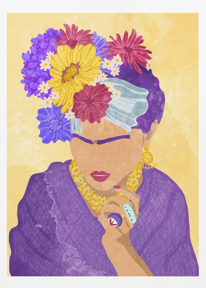 A stylized portrait illustration of a woman resembling Frida Kahlo against a yellow background. She wears a crown of vibrant purple, yellow, and magenta flowers, a purple dress, and gold jewelry. Her face is abstracted, featuring her iconic unibrow and red lipstick. Wall Art