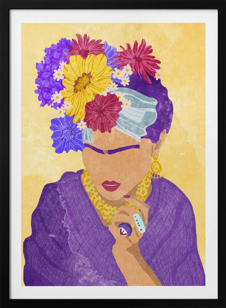A stylized portrait illustration of a woman resembling Frida Kahlo against a yellow background. She wears a crown of vibrant purple, yellow, and magenta flowers, a purple dress, and gold jewelry. Her face is abstracted, featuring her iconic unibrow and red lipstick. Wall Art