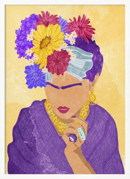 A stylized portrait illustration of a woman resembling Frida Kahlo against a yellow background. She wears a crown of vibrant purple, yellow, and magenta flowers, a purple dress, and gold jewelry. Her face is abstracted, featuring her iconic unibrow and red lipstick. Wall Art