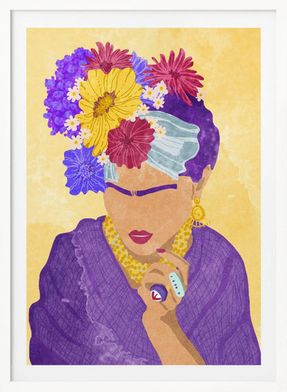 A stylized portrait illustration of a woman resembling Frida Kahlo against a yellow background. She wears a crown of vibrant purple, yellow, and magenta flowers, a purple dress, and gold jewelry. Her face is abstracted, featuring her iconic unibrow and red lipstick. Wall Art
