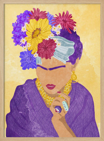 A stylized portrait illustration of a woman resembling Frida Kahlo against a yellow background. She wears a crown of vibrant purple, yellow, and magenta flowers, a purple dress, and gold jewelry. Her face is abstracted, featuring her iconic unibrow and red lipstick. Wall Art