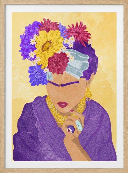A stylized portrait illustration of a woman resembling Frida Kahlo against a yellow background. She wears a crown of vibrant purple, yellow, and magenta flowers, a purple dress, and gold jewelry. Her face is abstracted, featuring her iconic unibrow and red lipstick. Wall Art