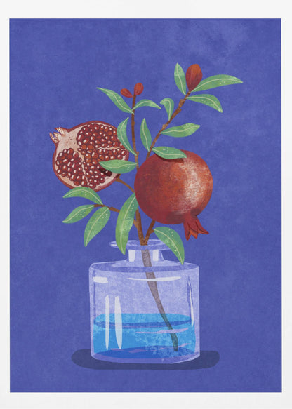 A vibrant illustration of a pomegranate branch in a clear glass vase against a deep blue, textured background. The branch features bright green leaves, a whole red pomegranate, and another cut in half to show its seeds. Decor