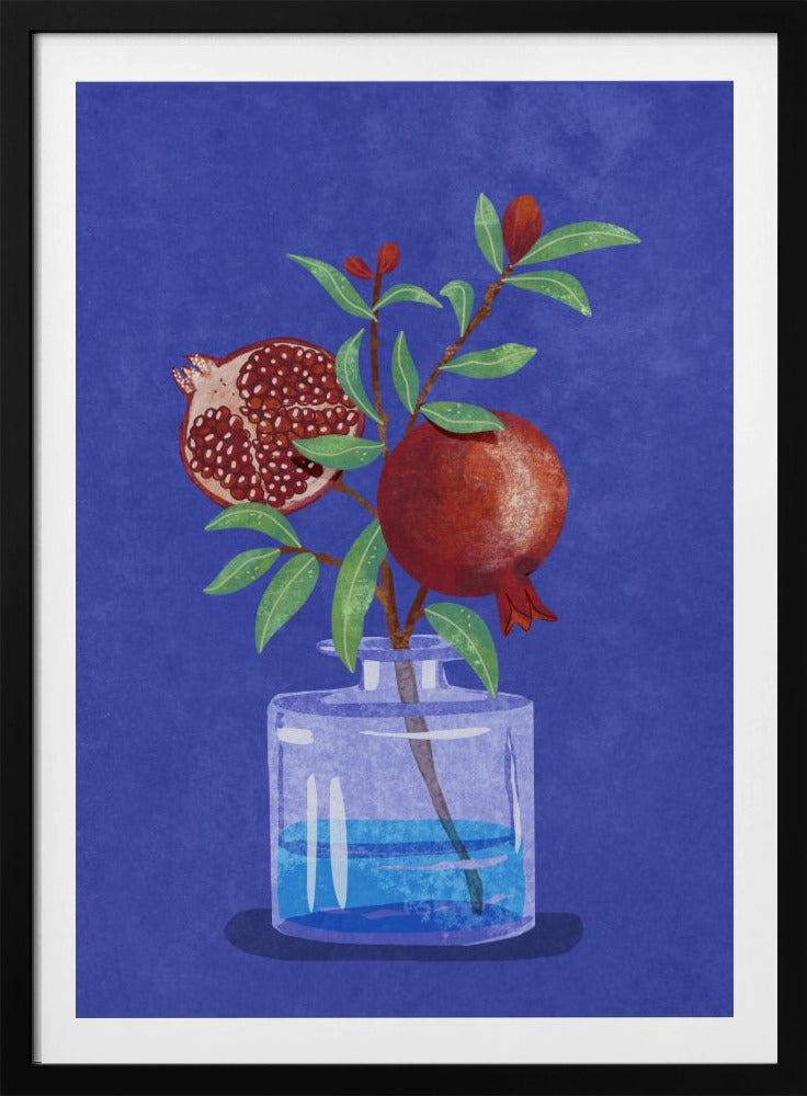 A vibrant illustration of a pomegranate branch in a clear glass vase against a deep blue, textured background. The branch features bright green leaves, a whole red pomegranate, and another cut in half to show its seeds. Decor