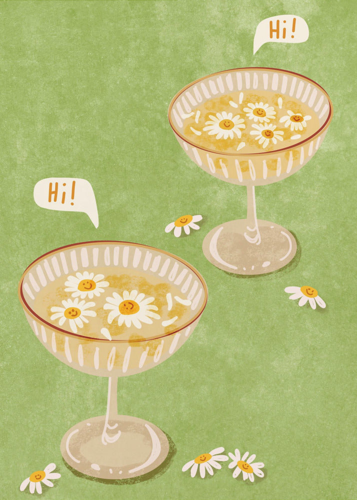 A whimsical illustration featuring two cocktail coupe glasses on a light green background. The glasses are filled with a yellow liquid and have smiling white daisies floating in them. Two speech bubbles say 'Hi!', adding a friendly and cheerful vibe to the scene. Wall Art