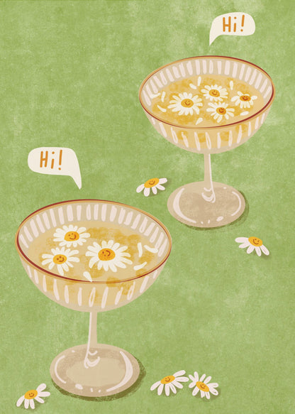 A whimsical illustration featuring two cocktail coupe glasses on a light green background. The glasses are filled with a yellow liquid and have smiling white daisies floating in them. Two speech bubbles say 'Hi!', adding a friendly and cheerful vibe to the scene. Wall Art