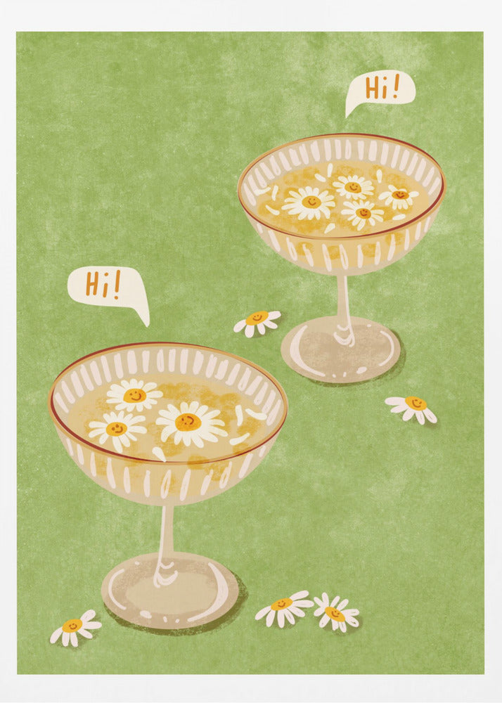 A whimsical illustration featuring two cocktail coupe glasses on a light green background. The glasses are filled with a yellow liquid and have smiling white daisies floating in them. Two speech bubbles say 'Hi!', adding a friendly and cheerful vibe to the scene. Wall Art