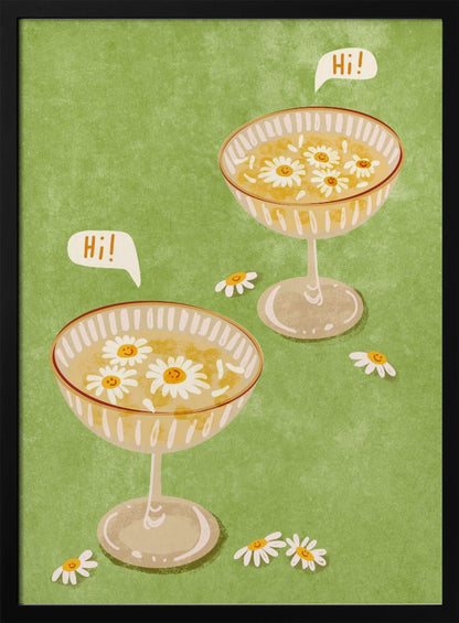 A whimsical illustration featuring two cocktail coupe glasses on a light green background. The glasses are filled with a yellow liquid and have smiling white daisies floating in them. Two speech bubbles say 'Hi!', adding a friendly and cheerful vibe to the scene. Wall Art