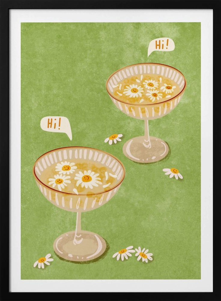 A whimsical illustration featuring two cocktail coupe glasses on a light green background. The glasses are filled with a yellow liquid and have smiling white daisies floating in them. Two speech bubbles say 'Hi!', adding a friendly and cheerful vibe to the scene. Wall Art