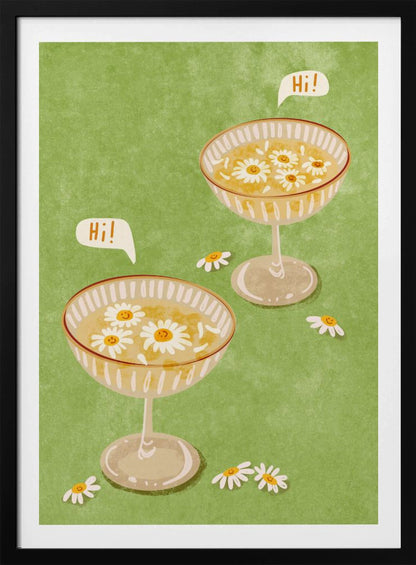A whimsical illustration featuring two cocktail coupe glasses on a light green background. The glasses are filled with a yellow liquid and have smiling white daisies floating in them. Two speech bubbles say 'Hi!', adding a friendly and cheerful vibe to the scene. Wall Art
