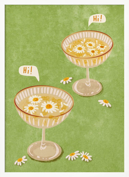 A whimsical illustration featuring two cocktail coupe glasses on a light green background. The glasses are filled with a yellow liquid and have smiling white daisies floating in them. Two speech bubbles say 'Hi!', adding a friendly and cheerful vibe to the scene. Wall Art