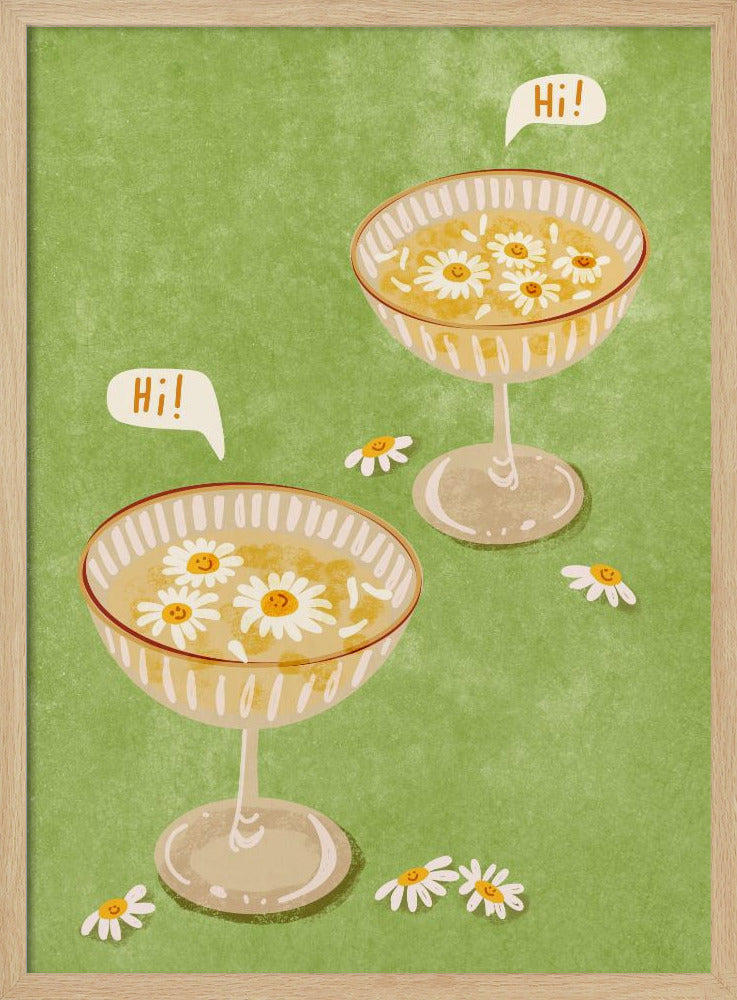 A whimsical illustration featuring two cocktail coupe glasses on a light green background. The glasses are filled with a yellow liquid and have smiling white daisies floating in them. Two speech bubbles say 'Hi!', adding a friendly and cheerful vibe to the scene. Wall Art