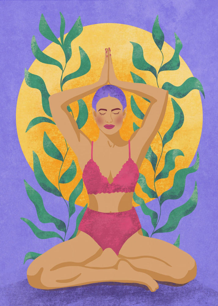 A colorful illustration of a woman with purple hair meditating in a yoga pose. She sits cross-legged with her hands pressed together above her head, wearing a pink lingerie set. Behind her is a large yellow sun against a purple background, framed by green leaves. Print