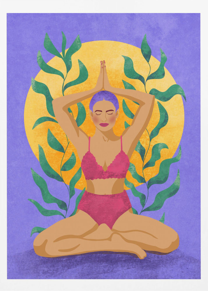 A colorful illustration of a woman with purple hair meditating in a yoga pose. She sits cross-legged with her hands pressed together above her head, wearing a pink lingerie set. Behind her is a large yellow sun against a purple background, framed by green leaves. Print