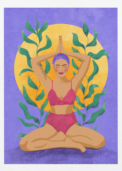 A colorful illustration of a woman with purple hair meditating in a yoga pose. She sits cross-legged with her hands pressed together above her head, wearing a pink lingerie set. Behind her is a large yellow sun against a purple background, framed by green leaves. Print