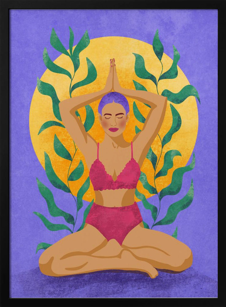 A colorful illustration of a woman with purple hair meditating in a yoga pose. She sits cross-legged with her hands pressed together above her head, wearing a pink lingerie set. Behind her is a large yellow sun against a purple background, framed by green leaves. Print