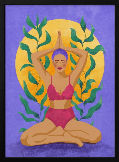 A colorful illustration of a woman with purple hair meditating in a yoga pose. She sits cross-legged with her hands pressed together above her head, wearing a pink lingerie set. Behind her is a large yellow sun against a purple background, framed by green leaves. Print