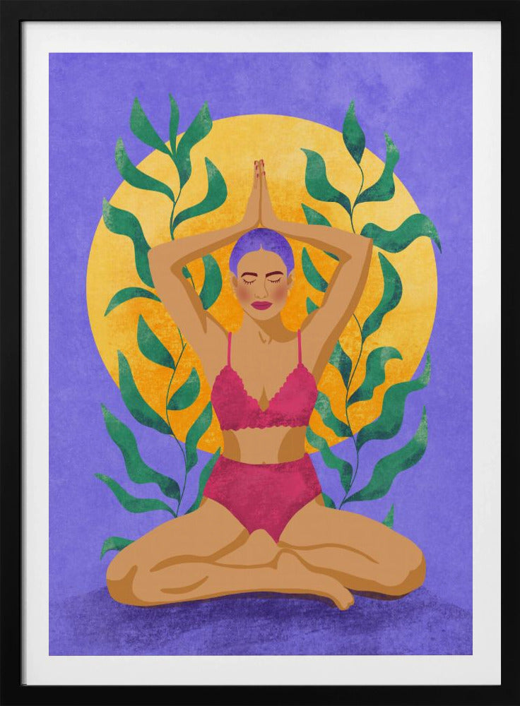 A colorful illustration of a woman with purple hair meditating in a yoga pose. She sits cross-legged with her hands pressed together above her head, wearing a pink lingerie set. Behind her is a large yellow sun against a purple background, framed by green leaves. Print