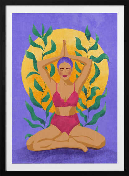 A colorful illustration of a woman with purple hair meditating in a yoga pose. She sits cross-legged with her hands pressed together above her head, wearing a pink lingerie set. Behind her is a large yellow sun against a purple background, framed by green leaves. Print