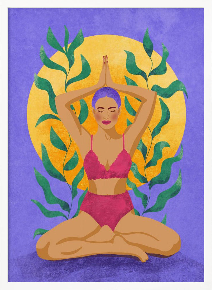 A colorful illustration of a woman with purple hair meditating in a yoga pose. She sits cross-legged with her hands pressed together above her head, wearing a pink lingerie set. Behind her is a large yellow sun against a purple background, framed by green leaves. Print