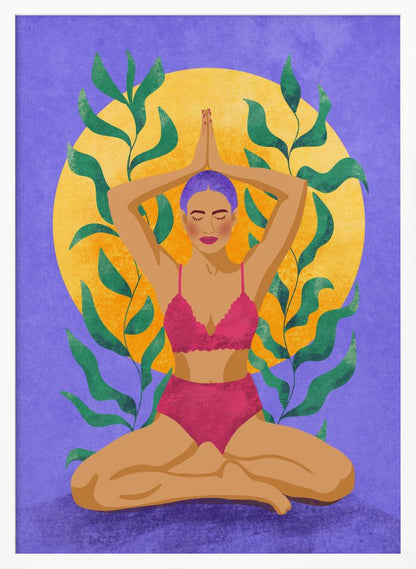 A colorful illustration of a woman with purple hair meditating in a yoga pose. She sits cross-legged with her hands pressed together above her head, wearing a pink lingerie set. Behind her is a large yellow sun against a purple background, framed by green leaves. Print