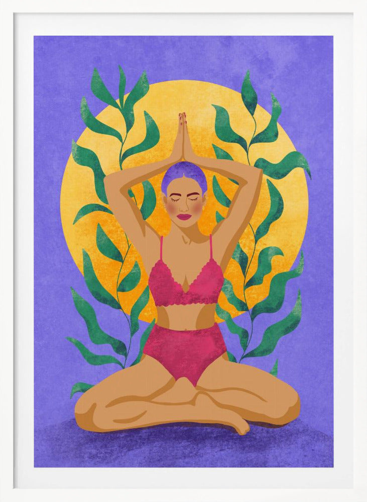 A colorful illustration of a woman with purple hair meditating in a yoga pose. She sits cross-legged with her hands pressed together above her head, wearing a pink lingerie set. Behind her is a large yellow sun against a purple background, framed by green leaves. Print