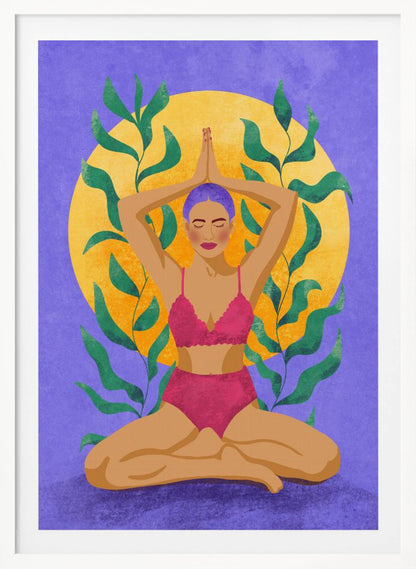 A colorful illustration of a woman with purple hair meditating in a yoga pose. She sits cross-legged with her hands pressed together above her head, wearing a pink lingerie set. Behind her is a large yellow sun against a purple background, framed by green leaves. Print